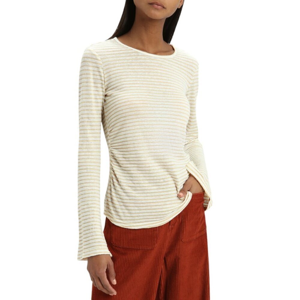 Frame Off White Gold Metallic Stripe Long Sleeve Crew Neck Tee Top